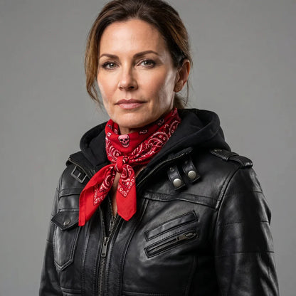 MotoArt Leather Women’s Layered-Hood Moto Jacket