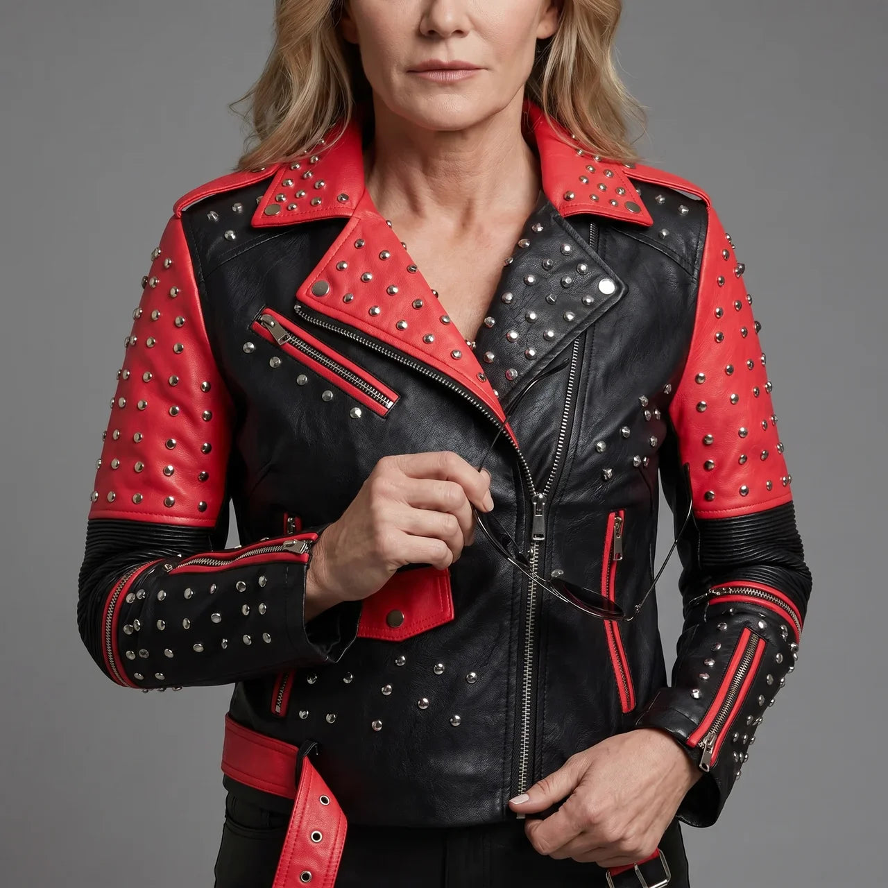 MotoArt Leather Women’s Bicolor Studded Moto Jacket