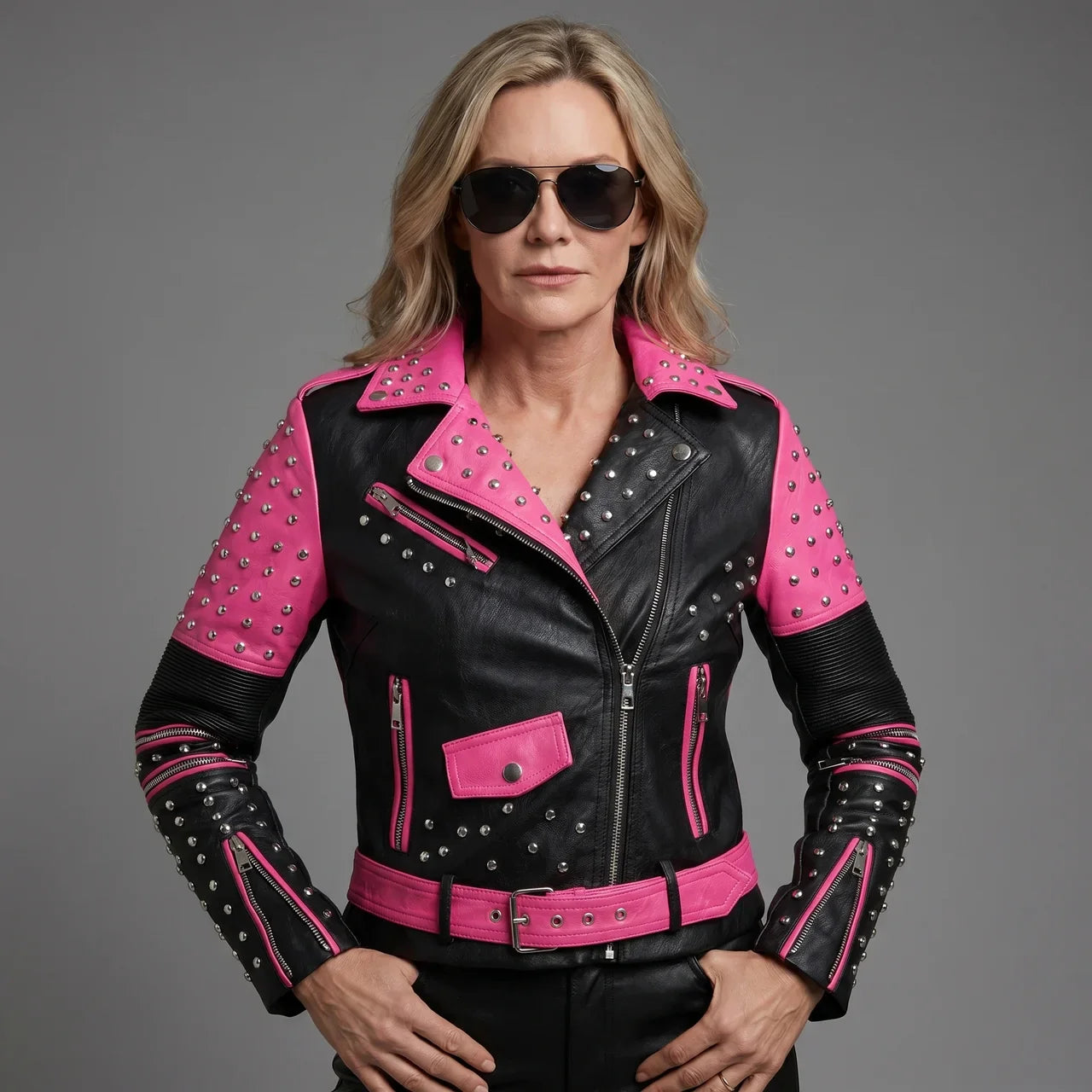 MotoArt Leather Women’s Bicolor Studded Moto Jacket