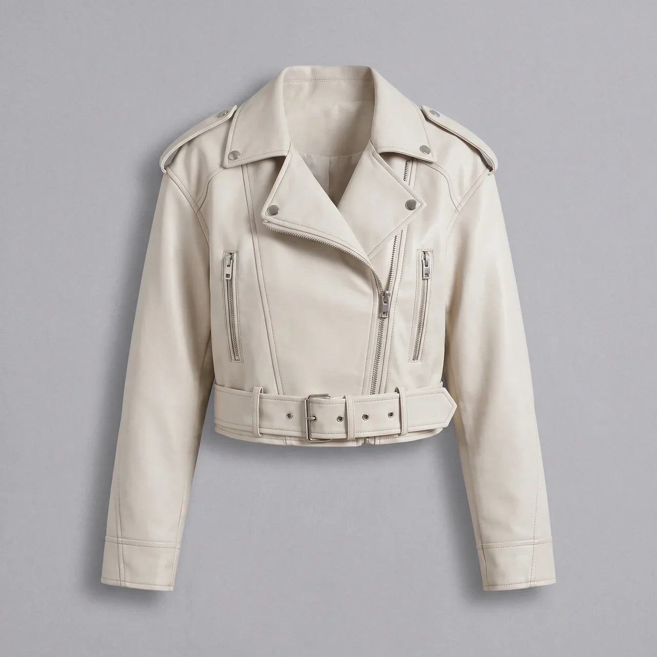 MotoArt Leather Women’s Belted Cropped Moto Jacket