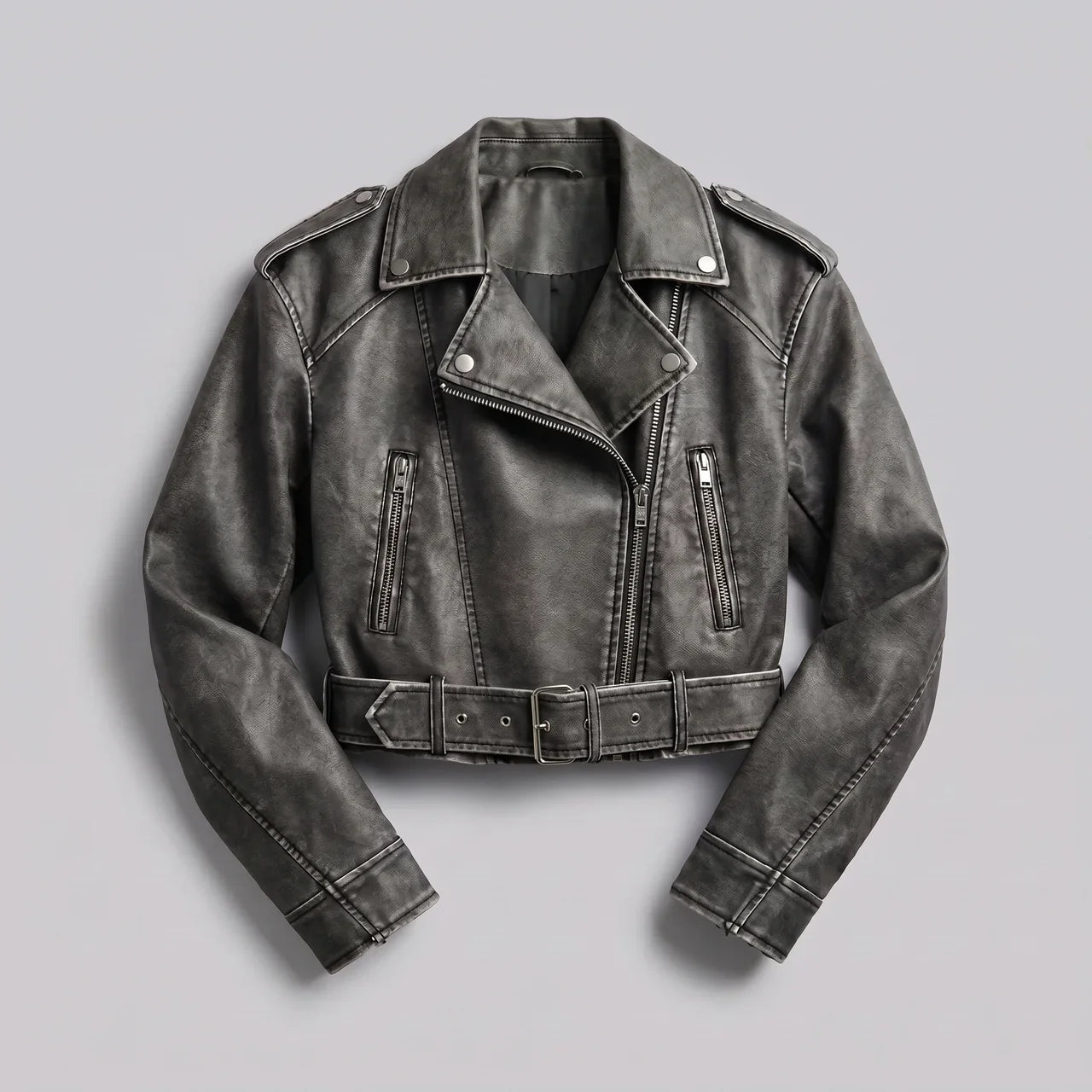MotoArt Leather Women’s Belted Cropped Moto Jacket