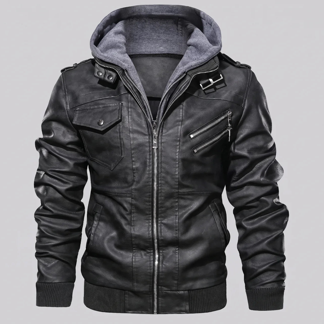 MotoArt Leather Detachable Hood Moto Jacket