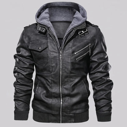MotoArt Leather Detachable Hood Moto Jacket