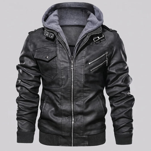 MotoArt Leather Detachable Hood Moto Jacket