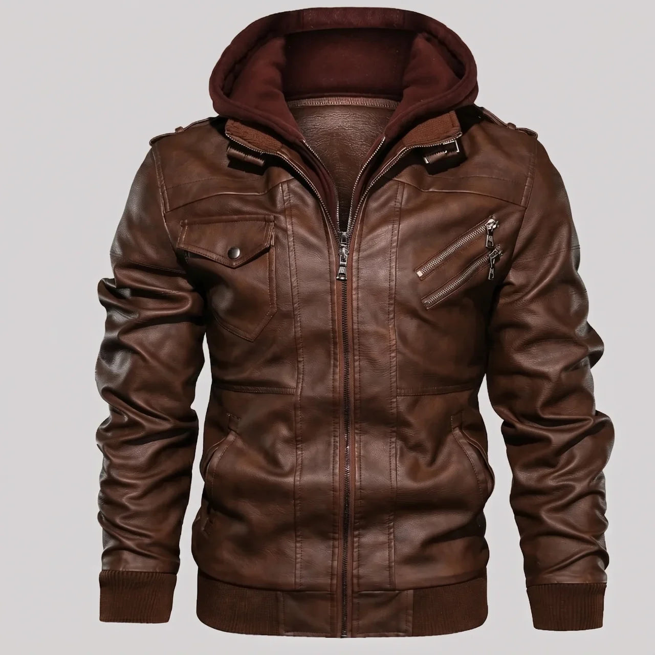 MotoArt Leather Detachable Hood Moto Jacket
