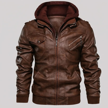 MotoArt Leather Detachable Hood Moto Jacket