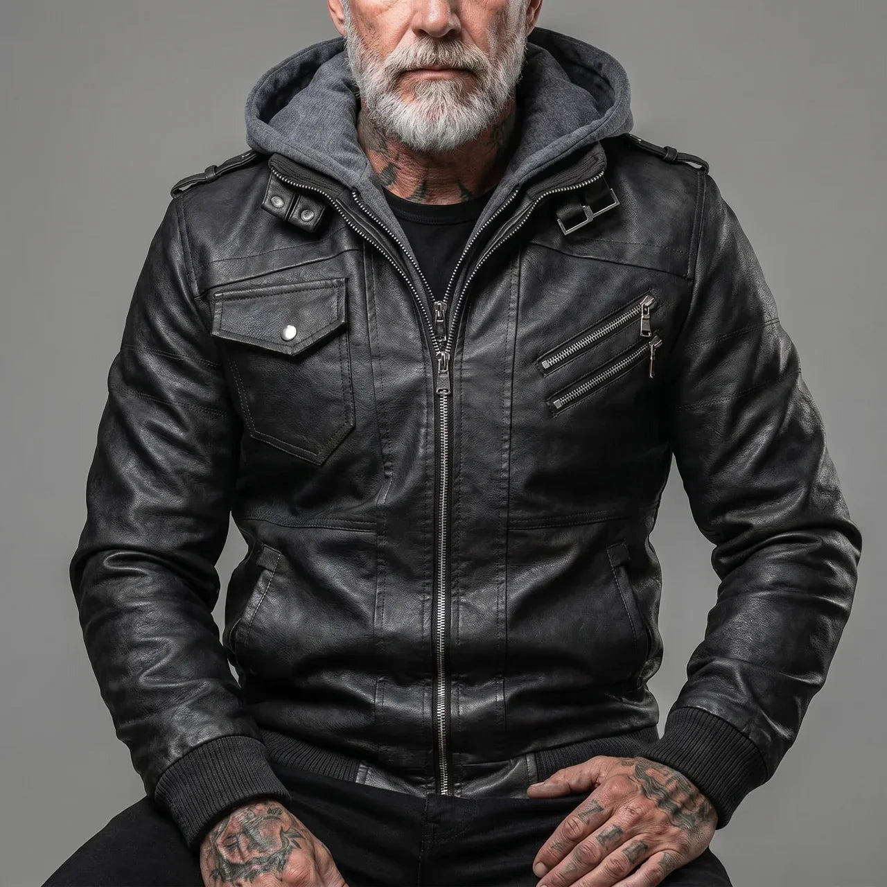 MotoArt Leather Detachable Hood Moto Jacket