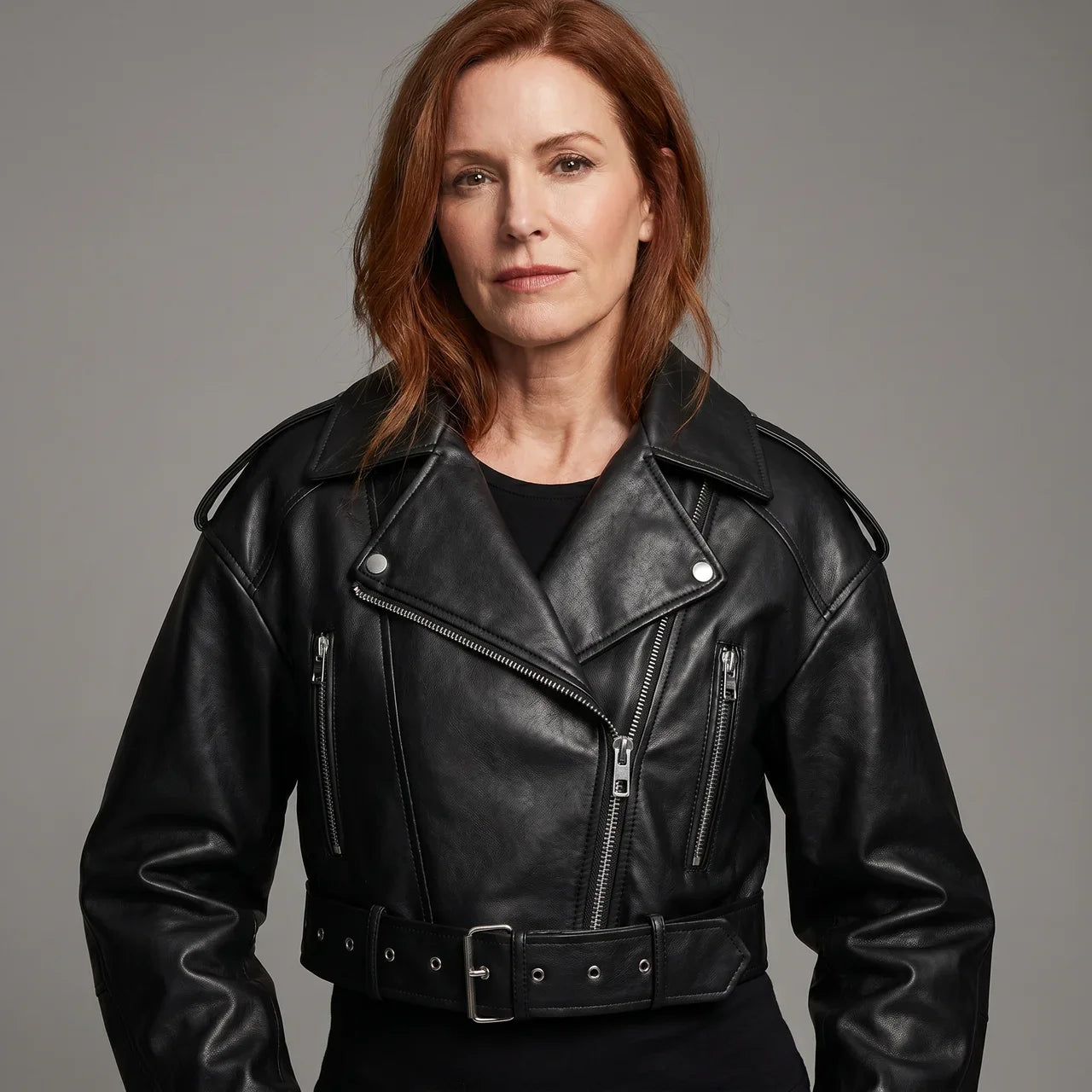 MotoArt Leather RebelCrop Belted Moto Jacket