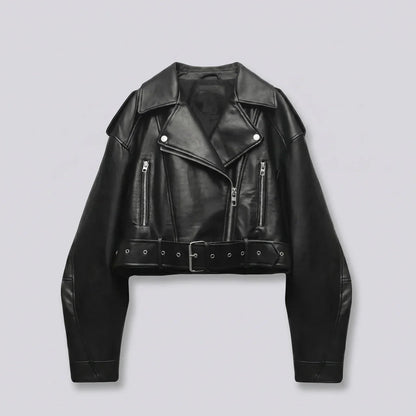 MotoArt Leather RebelCrop Belted Moto Jacket