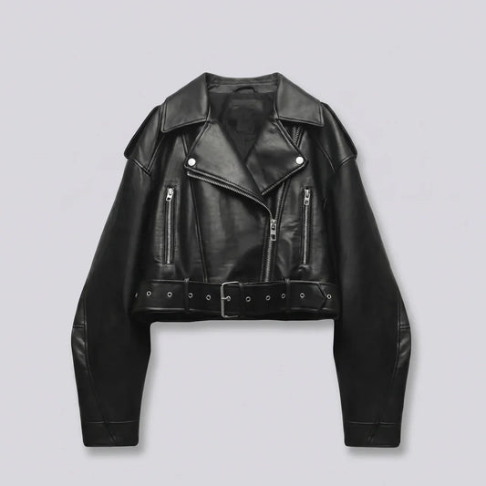 MotoArt Leather RebelCrop Belted Moto Jacket