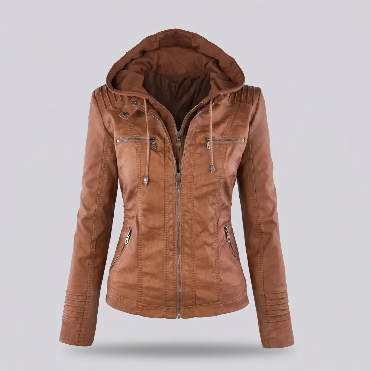 MotoArt Leather Women’s Detachable-Hood Moto Jacket