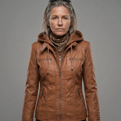 MotoArt Leather Women’s Detachable-Hood Moto Jacket