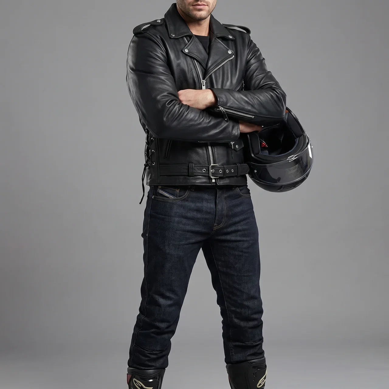 MotoArt Leather Leather Belted Biker Jacket