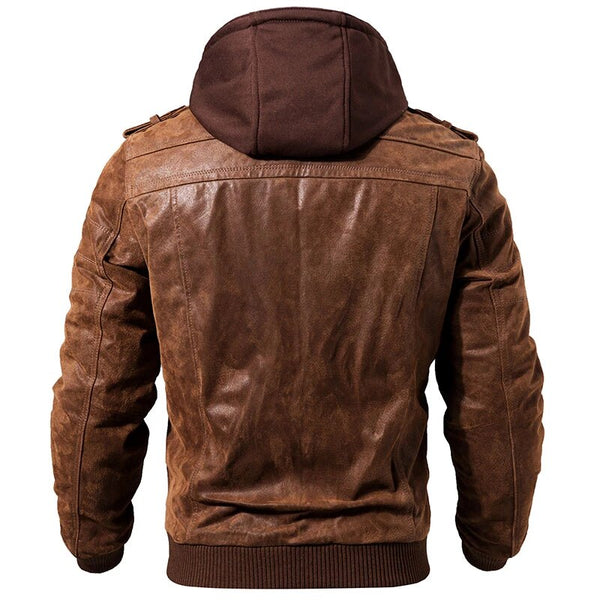 Mens George Genuine Lambskin Leather Distressed Hooded Bomber Jacket