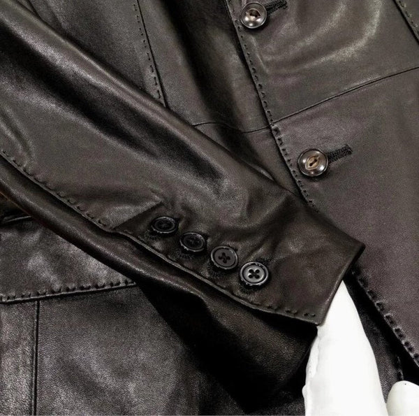 Mens Don Front Button Black Leather Blazer