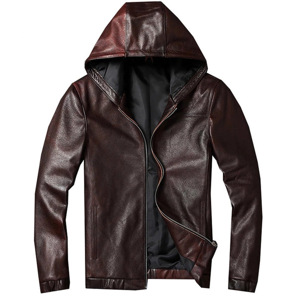 Mens Pat Simple Genuine Lambskin Leather Hooded Bomber Jacket