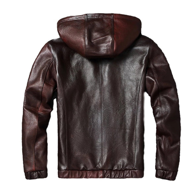 Mens Pat Simple Genuine Lambskin Leather Hooded Bomber Jacket