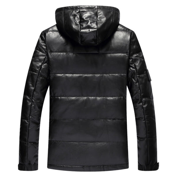 Mens Frank Genuine Hooded Lambskin Leather Puffer Jacket