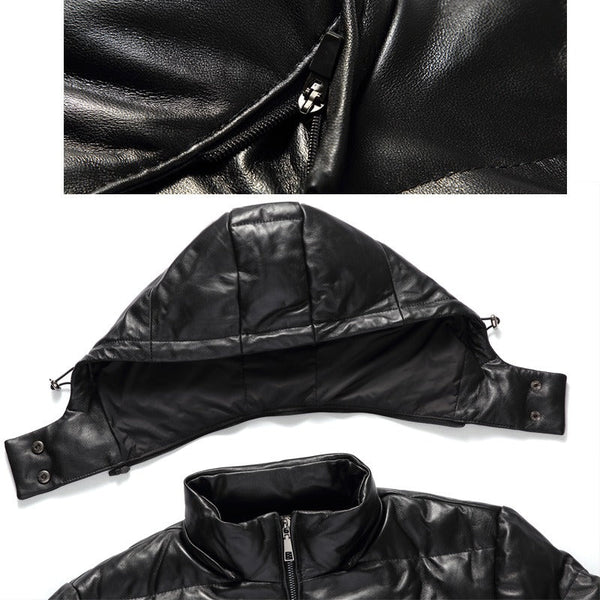 Mens Frank Genuine Hooded Lambskin Leather Puffer Jacket