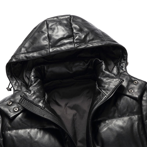 Mens Frank Genuine Hooded Lambskin Leather Puffer Jacket