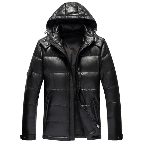 Mens Frank Genuine Hooded Lambskin Leather Puffer Jacket