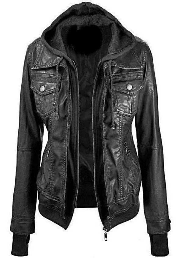 MotoArt Womens Leather Hooded Black Bomber Jacket