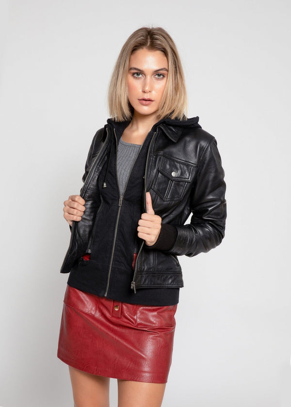 MotoArt Womens Leather Hooded Black Bomber Jacket