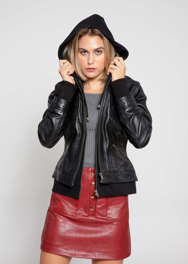 MotoArt Womens Leather Hooded Black Bomber Jacket