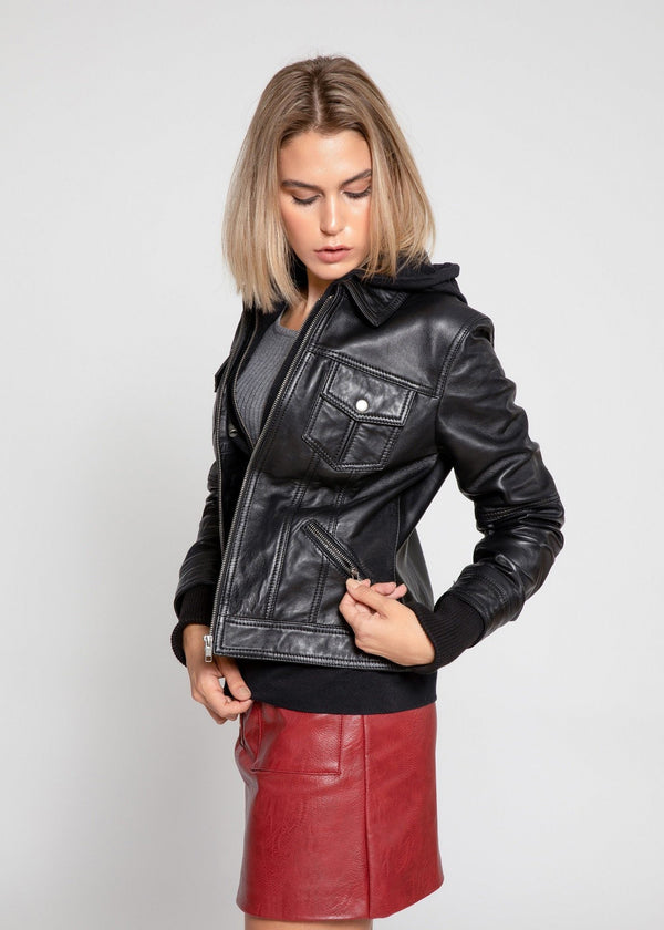 MotoArt Womens Leather Hooded Black Bomber Jacket