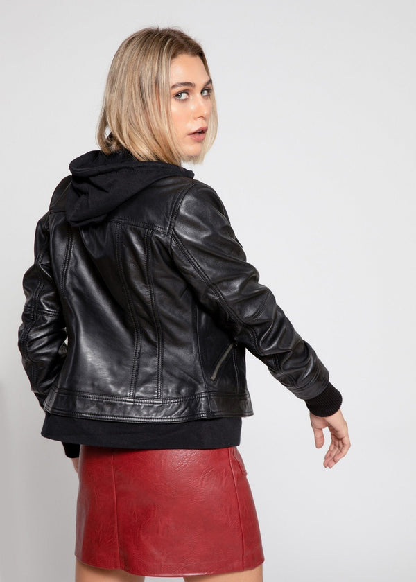 MotoArt Womens Leather Hooded Black Bomber Jacket