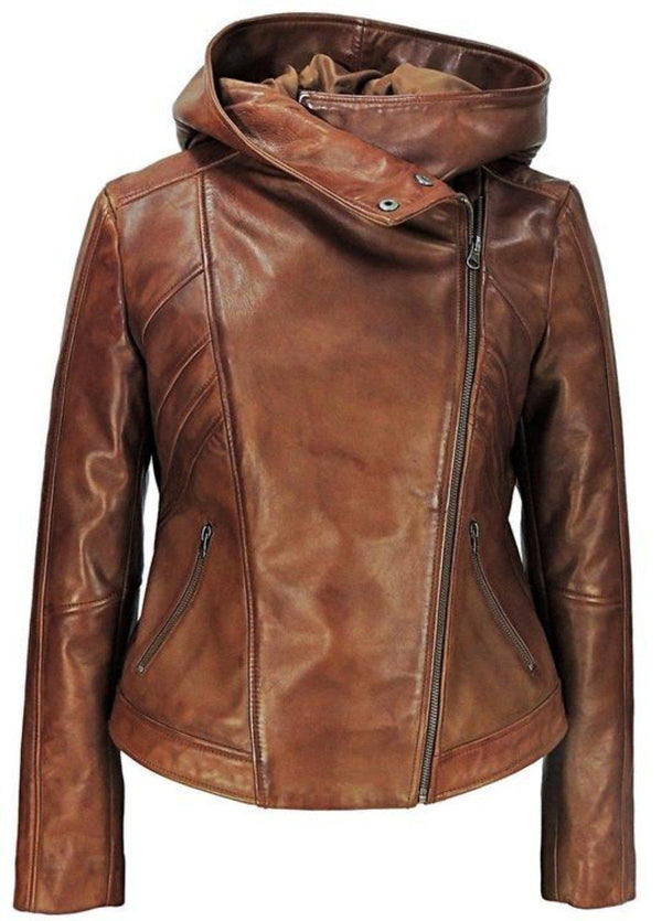 MotoArt Womens Leather Hooded Brown Bomber Jacket