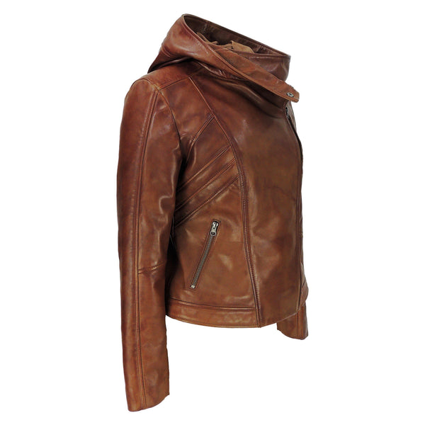 MotoArt Womens Leather Hooded Brown Bomber Jacket