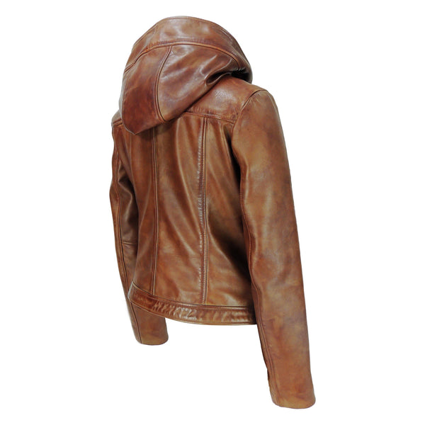 MotoArt Womens Leather Hooded Brown Bomber Jacket