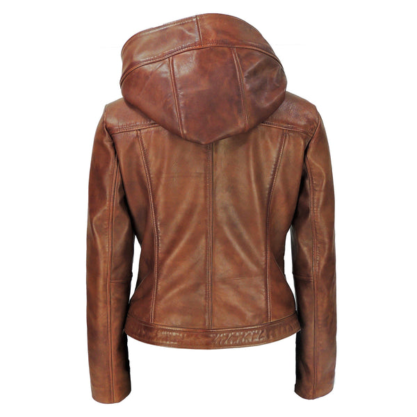 MotoArt Womens Leather Hooded Brown Bomber Jacket