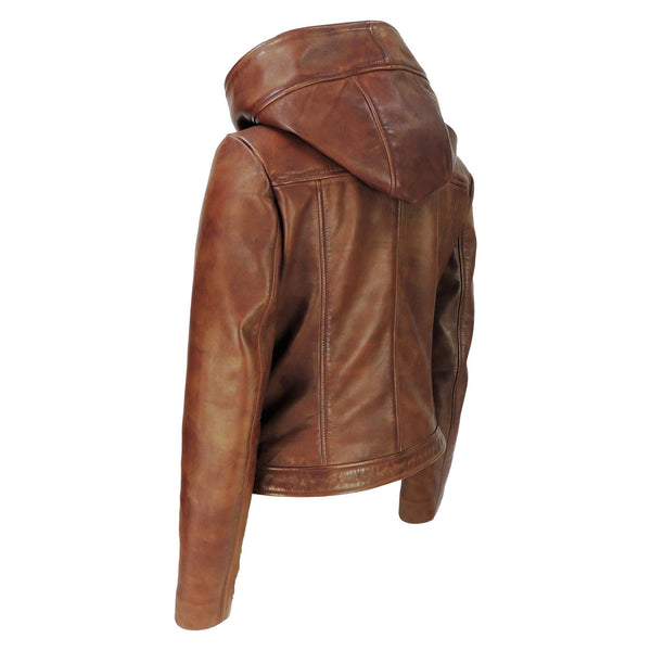 MotoArt Womens Leather Hooded Brown Bomber Jacket