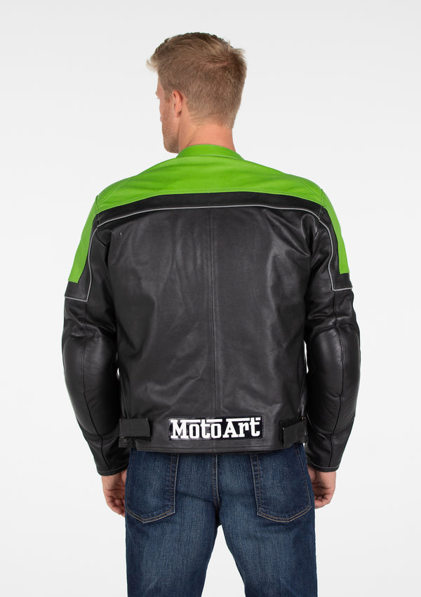 MotoArt Racing Pro Series I Green & Black Perforated Biker Motorcycle Leather Jacket - MotoArt Leather