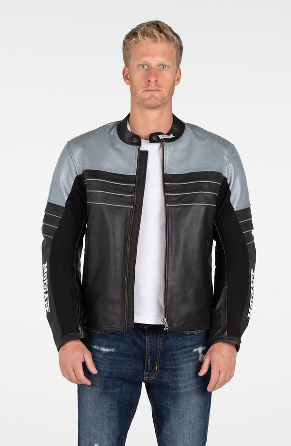 MotoArt Racing Pro Series I Silver & Black Perforated Biker Motorcycle Leather Jacket - MotoArt Leather