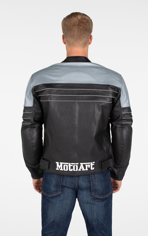 MotoArt Racing Pro Series I Silver & Black Perforated Biker Motorcycle Leather Jacket - MotoArt Leather