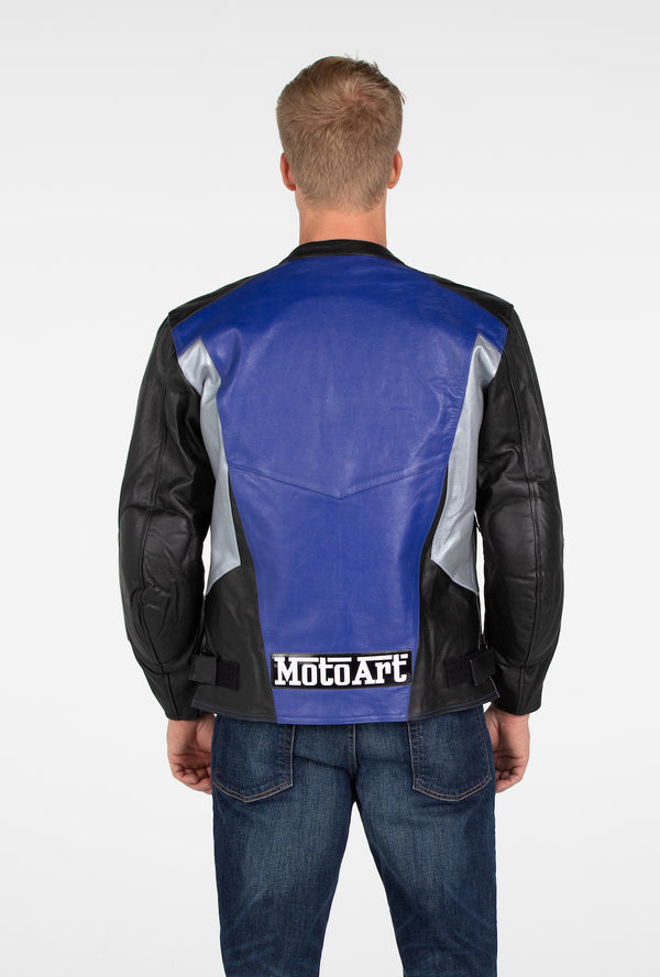 MotoArt Racing Pro Series I Blue, Silver & Black Perforated Biker Motorcycle Leather Jacket - MotoArt Leather