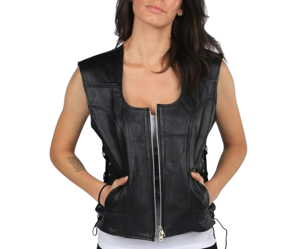 Ladies Popular Stringy Leather Motorcycle Vest by MotoArt - MotoArtLeather