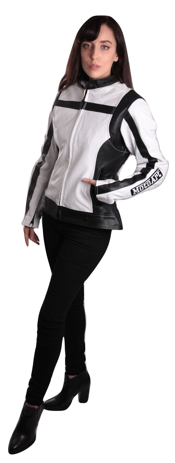 MotoArt Racing ProSeries I White & Black Women Leather Jacket - MotoArt Leather